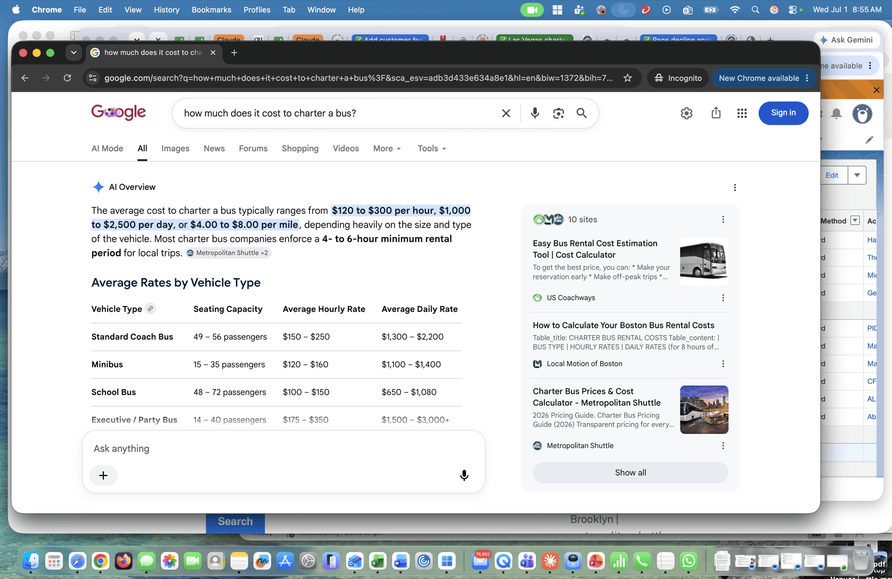 Google's AI Overview citing Metropolitan Shuttle's pricing page for a charter bus cost question