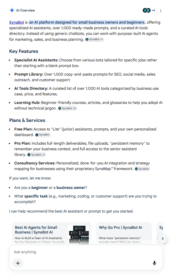 Google's AI Overview describing SynaBot's features and plans, with citations to the site