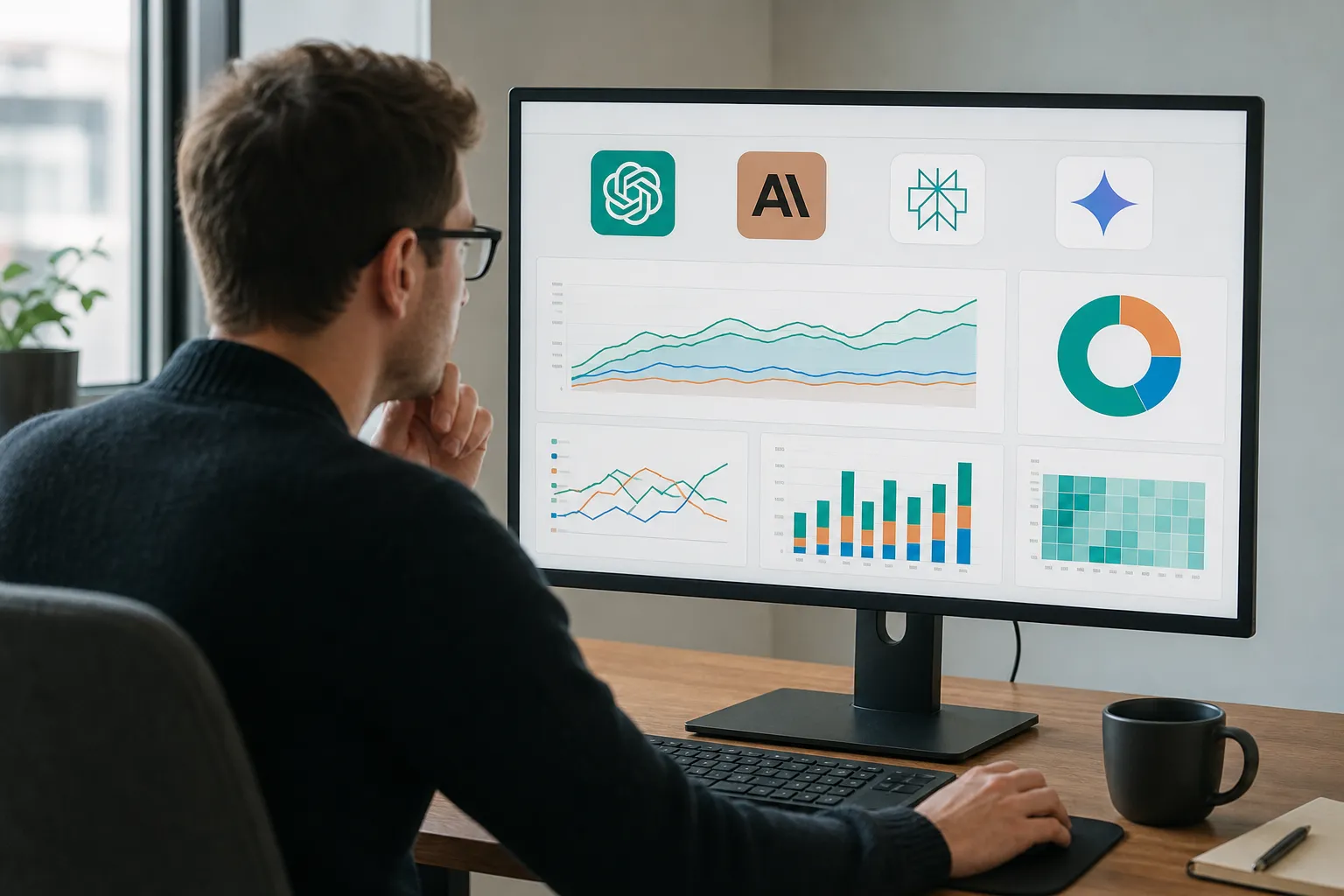 Service business owner reviewing AI citation tracking data across ChatGPT, Claude, Perplexity and Gemini