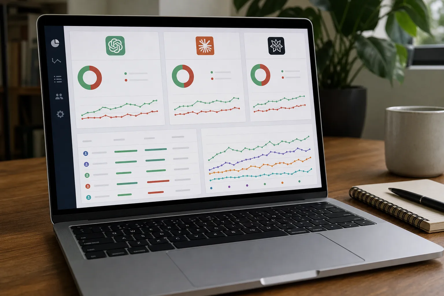Dashboard on a laptop screen tracking AI engine citations and client visibility across several AI platforms