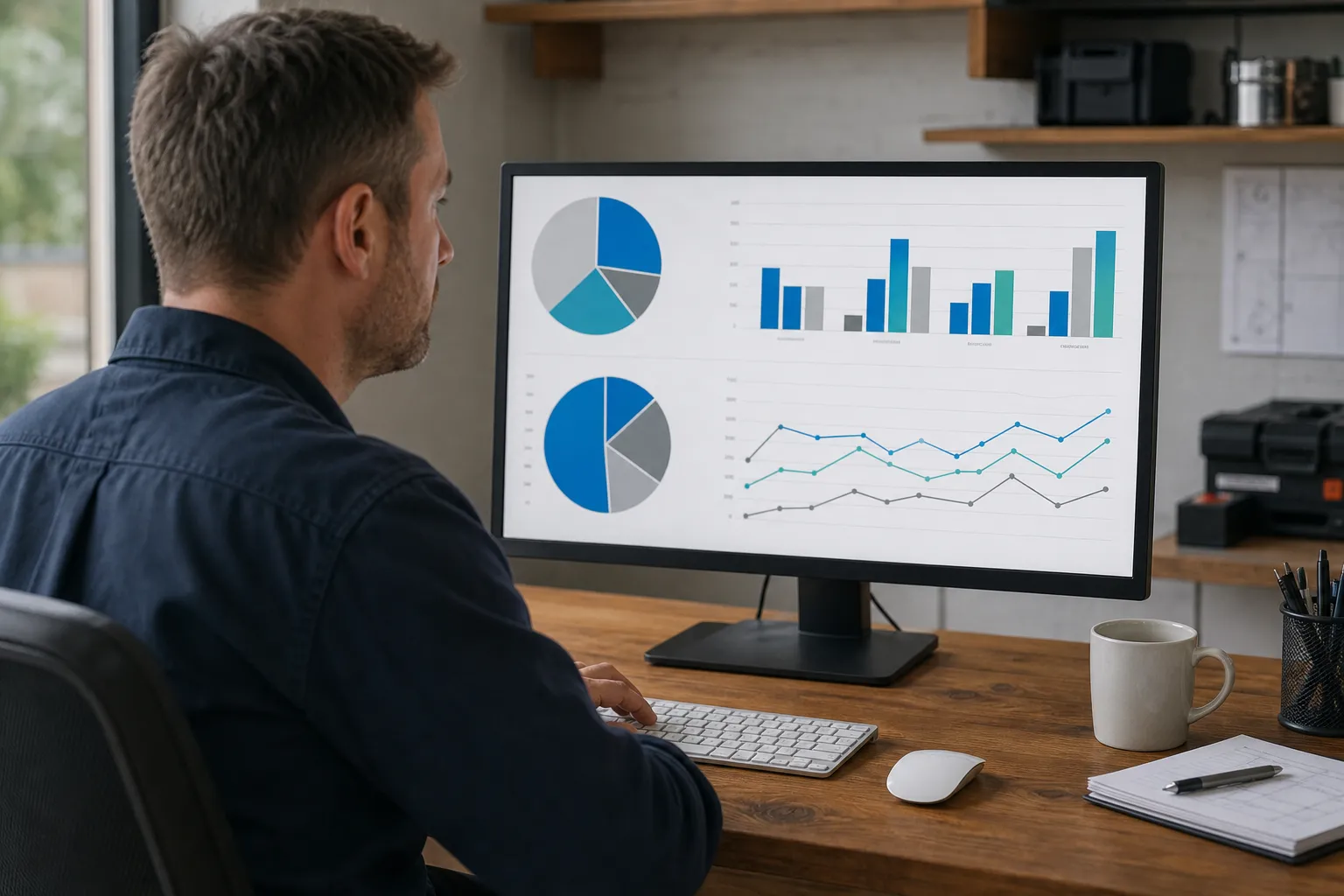 Service business owner reviewing an AI citation tracking dashboard on a computer