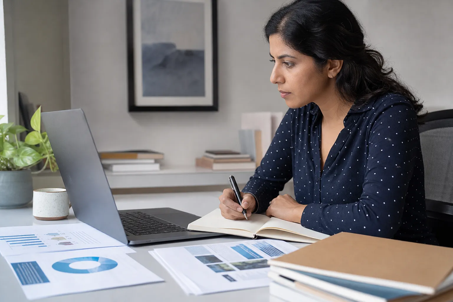 In-house marketer writing a page outline at a desk with a laptop and notes