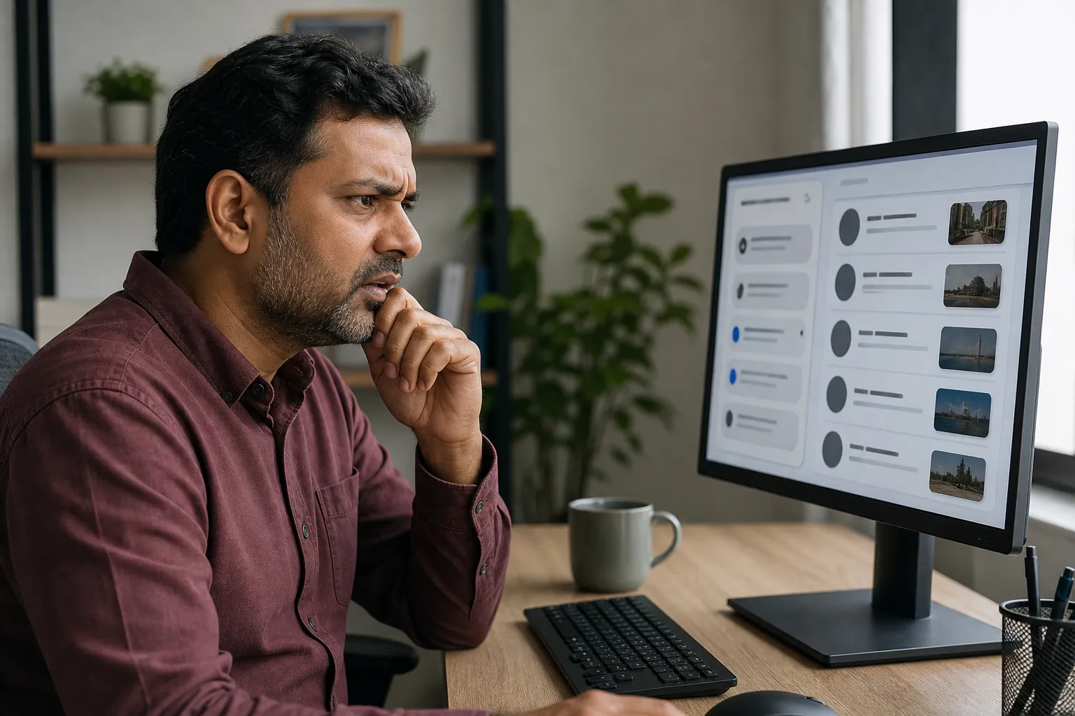 Person reviewing AI chatbot recommendations on a computer screen that name competitors instead of their business