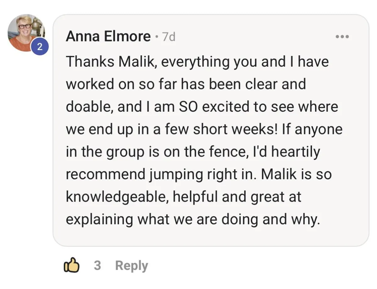 Anna Elmore's post recommending the program: everything has been clear and doable