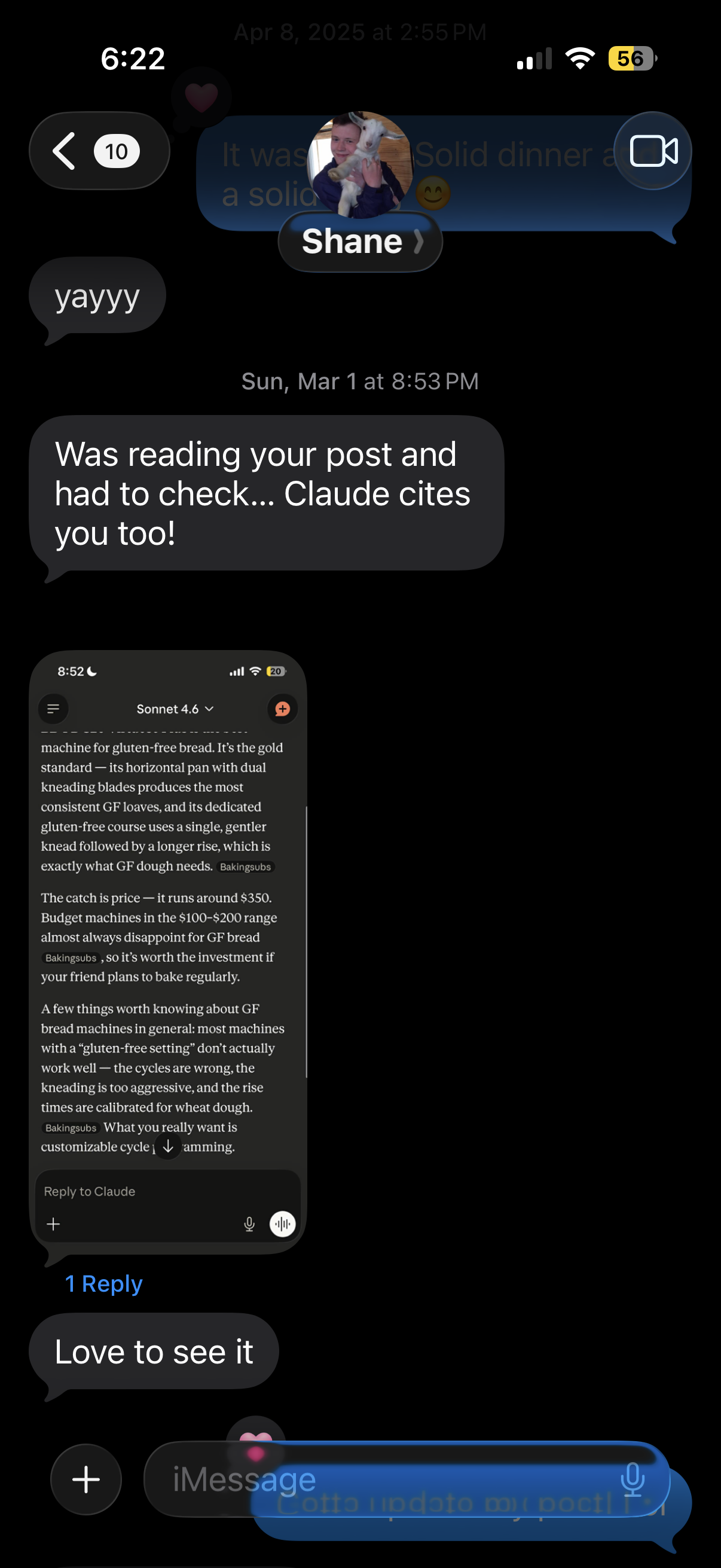 Screenshot of Claude recommending BakingSubs by name in response to a baking question