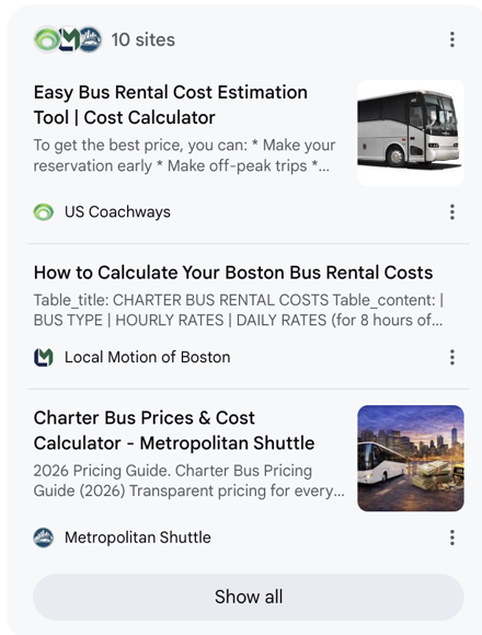Google's AI Overview answering 'how much does it cost to charter a bus?' and naming Metropolitan Shuttle alongside two other companies