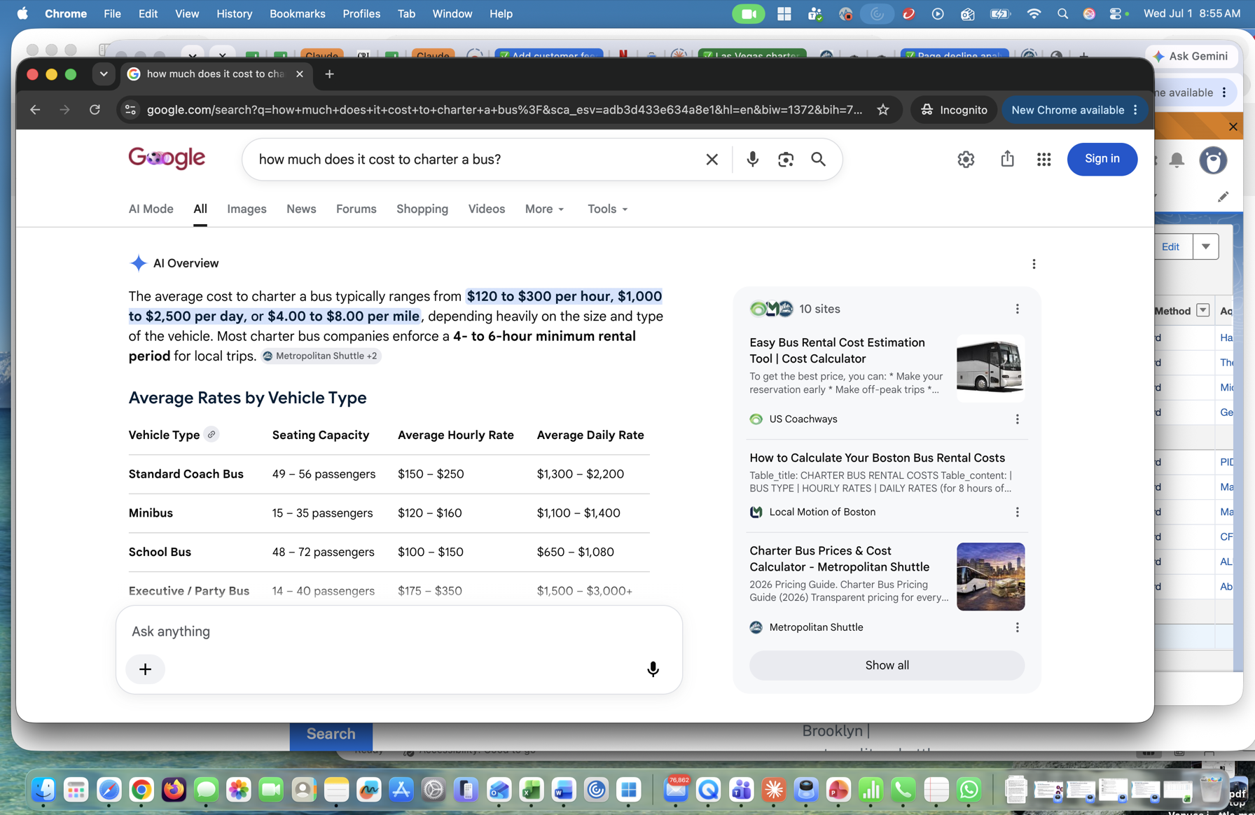 Google's AI Overview citing Metropolitan Shuttle's pricing page for a charter bus cost question
