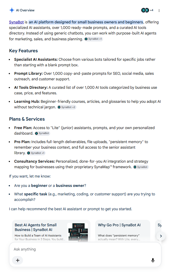 Google's AI Overview describing SynaBot's features and plans, with citations to the site